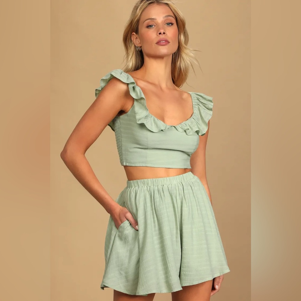 Lulus-  Spring to It Sage Green Off-the-Shoulder Two-Piece Romper